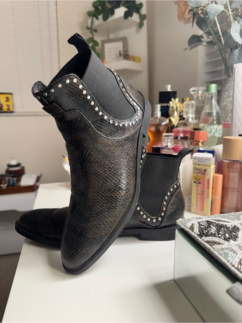 Zara Black Textured Studded Chelsea Ankle Boots